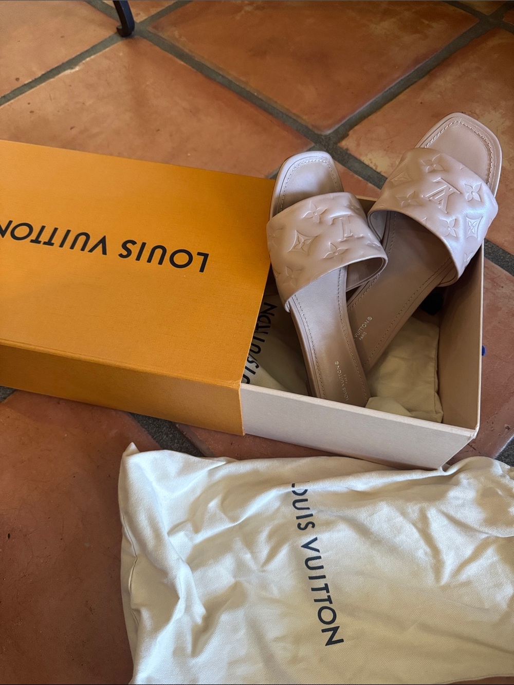 Louis Vuitton Nude Beige Monogram Slide Mules